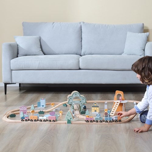PolarB wooden train track toy set - 90 pieces - colorful accessories-3