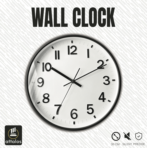 Attalos Wall Clock - Silent Quartz Clock - Minimalist Design Clock - Wall Clock 30cm - Black with White-2