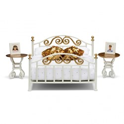 Lundby dollhouse bedroom set - white with brass color - accessories