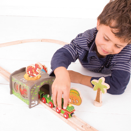 BigJigs Wooden Train Tunnel - T-Rex dinosaur toy-3