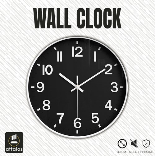Attalos wall clock - silent quartz movement - minimalist design 30cm white black-2